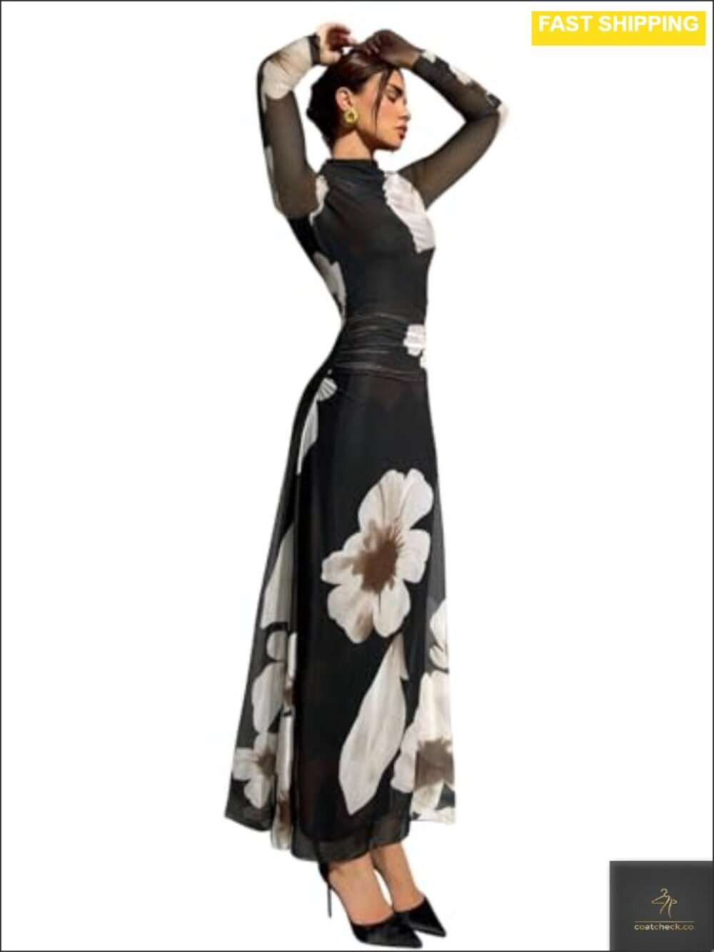 Floral Print Mock Neck Long Sleeve A-Line Ruched Maxi Dress